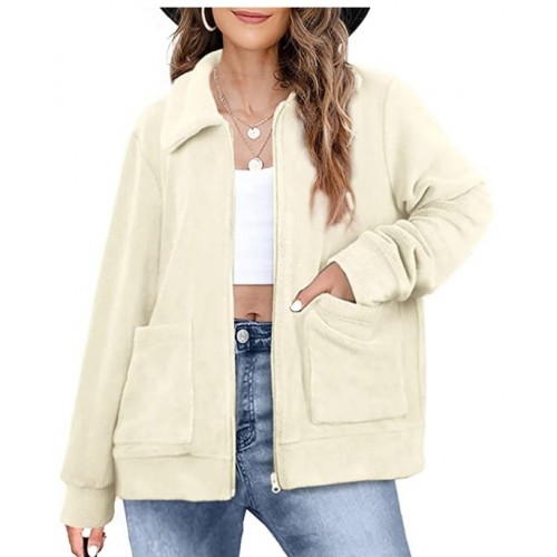 Beige Womens Fleece Jacket Lapel Zip Up Teddy Coat Cropped Winter Outerwear Beige Womens Fleece Jacket Lapel Zip Up Teddy Coat Cropped Winter Outerwear