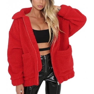 Red Women's Fashion Long Sleeve Lapel Zip Up Faux Shearling Shaggy Oversized Coat Jacket For Warm Winter