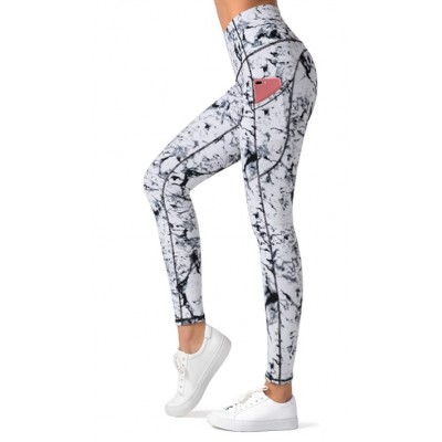 Marble High Waist Yoga Leggings with 3 Pockets,Tummy Control Workout Running 4 Way Stretch Yoga Pants